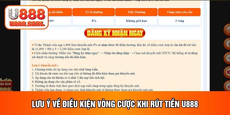 Lưu ý về điều kiện vòng cược khi rút tiền U888